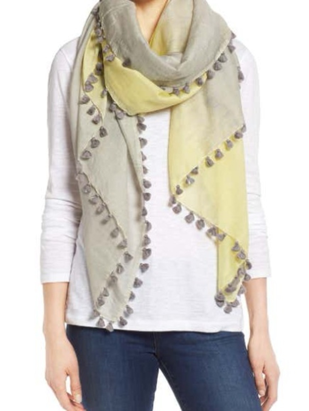 Eileen Fisher Pale Yellow and Light Gray Tassel-Trim Scarf